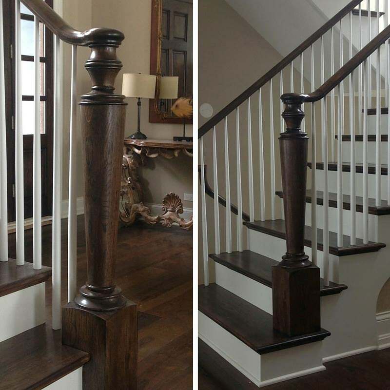 Stair Parts - Custom turned newel with dark stain to match handrails and treads