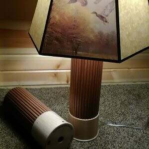 Custom shotgun shell lamp with turned base and reeding detail and a duck themed lampshade