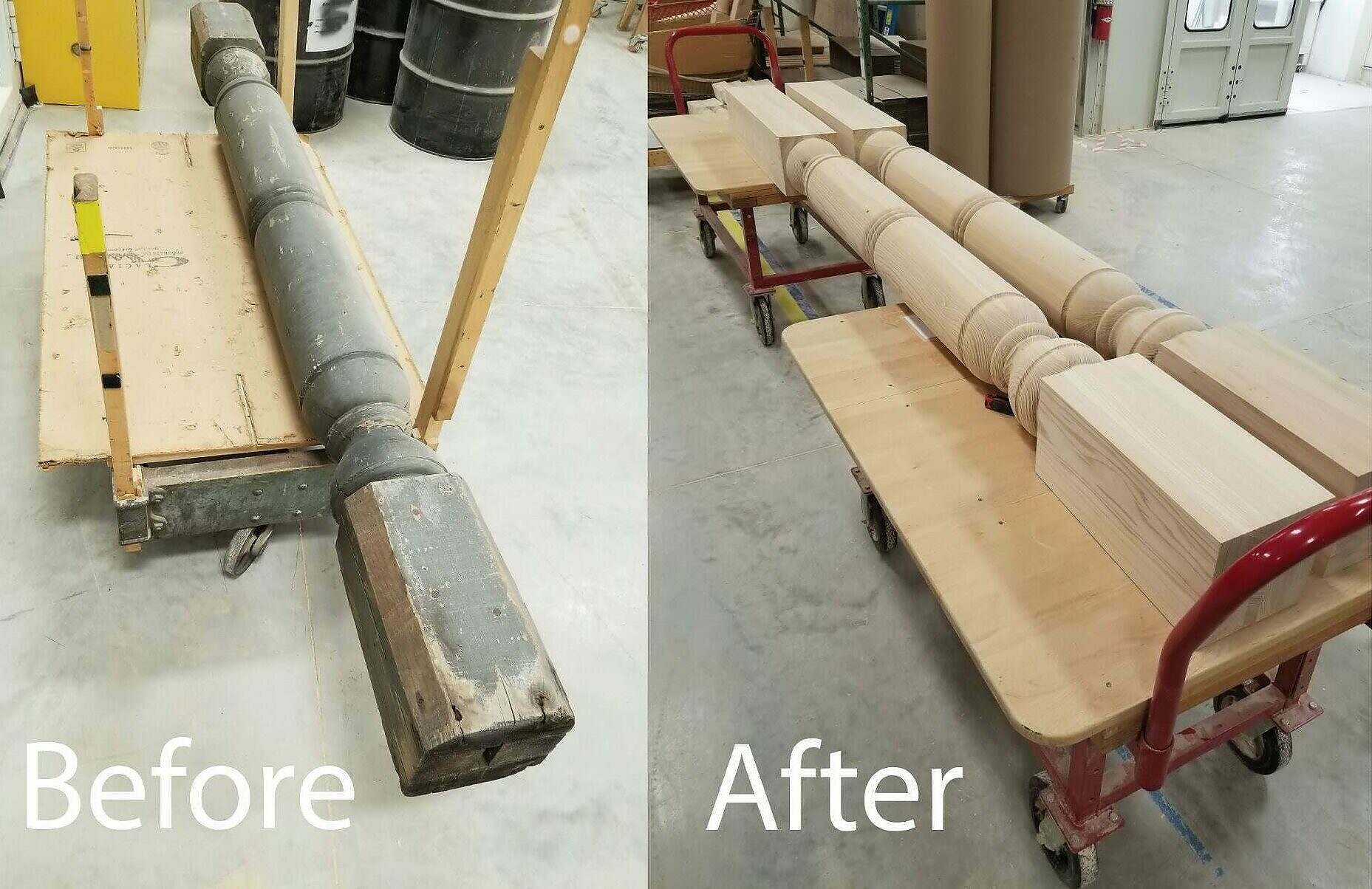 Before and after photo of porch column restoration