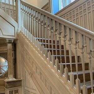 Historical Restoration - Foley Mansion grand staircase balusters and drop spindles installed