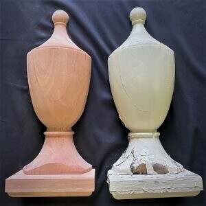 Before and after photo of a half-finial made of african mahogany wood and exterior glue